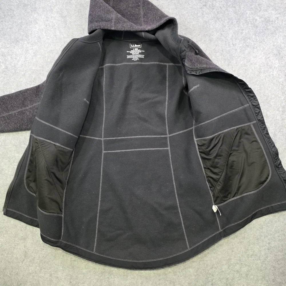 L.L.Bean Wooltek Coat Womens L Gray Wool Blend Fleece Hooded Full Zip Mid Length